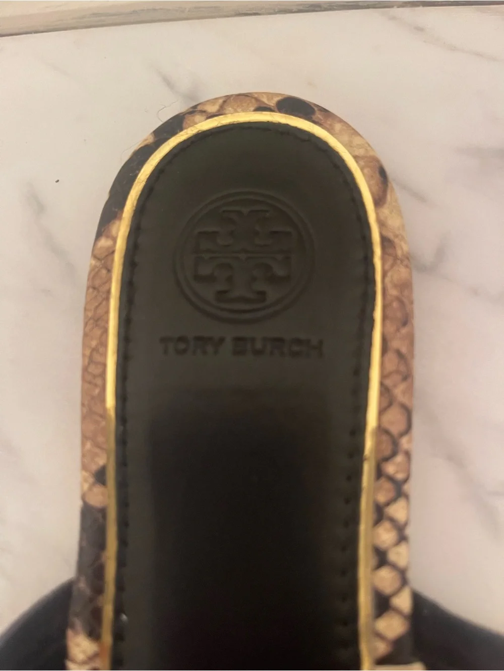 Tory Burch Black & Gold Snake-Print Logo Thong Sandals